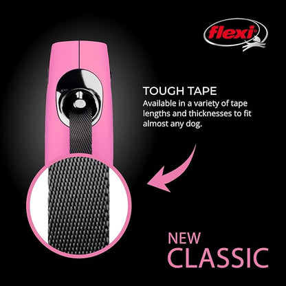 FLEXI New Classic Tape Retractable Dog Leash for Small Dogs Up to 33 lbs. – 16 ft., Pink Tangle-Free Pet Walking Leash with One-Handed Brake, Pause, Lock German Quality Product