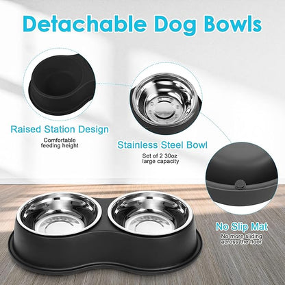 Epetslove Dog Bowls Large Double Dog Water and Food Bowls Stainless Steel Bowls with Non-Slip Resin Station, Pet Feeder Bowls Food Dish for Small Medium Large Dogs Cats