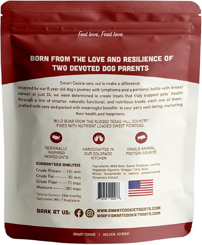 Smart Cookie All Natural Dog Treats - Wild Boar & Sweet Potato - Training Treats for Dogs with Allergies, Sensitive Stomachs - Soft Dog Treats, Chewy, Grain Free, Human-Grade, Made in USA - 5oz Bag