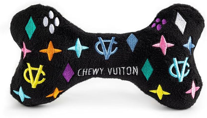 Haute Diggity Dog Chewy Vuiton Bone Plush Squeaky Dog Toy, Soft Durable Designer-Inspired Stuffed Puppy Chew Toys for Small & Medium Dogs, Machine-Washable (Black Monogram) Large