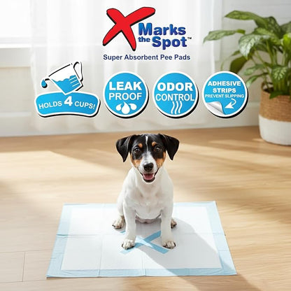SPOT X Marks The Spot Extra Absorbent Puppy Pads with Adhesive Strips & Pheromones – Attracts Dogs to Center for Training & Potty, 22" x 22", 50-Pack
