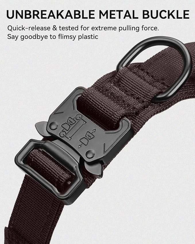 Joytale Tactical Dog Collar with Handle and Metal Buckle, Heavy Duty Padded Military Collar with 2 Patches for Training, Adjustable for XLarge Dogs, Brown, XL