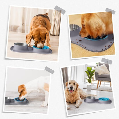 MateeyLife Dog Food and Water Bowl Set 3 in 1, Slow Feeder Dog Bowls & Stainless Steel Water Bowl with Non-Spill Silicone Mat, Cat and Puppy Bowls Pet Dishes for Small Medium Large Breed Anti-Choking
