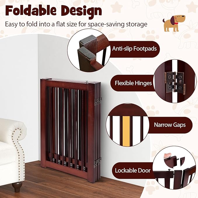 Giantex Dog Gate with Door - 30''H × 80''W Wooden Pet Gate with Walk Through Door, Foldable Freestanding 4 Panels Pet Safety Fence Extra Wide for Doorway Stairs House Deck Yard, Dark Cherry Brown