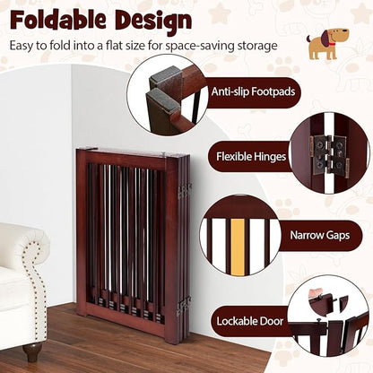 Giantex Dog Gate with Door - 30''H × 80''W Wooden Pet Gate with Walk Through Door, Foldable Freestanding 4 Panels Pet Safety Fence Extra Wide for Doorway Stairs House Deck Yard, Dark Cherry Brown