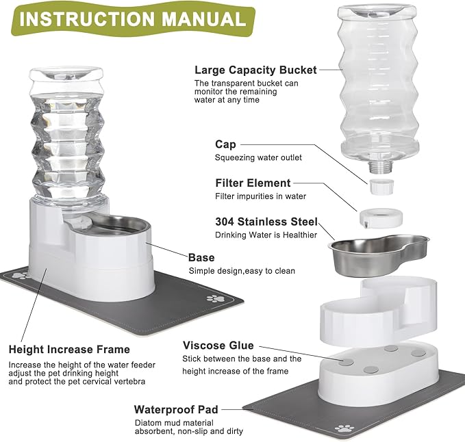 RIZZARI Automatic Pet Waterer, Gravity Stainless Steel Water Dispenser, 100% BPA-Free, Large Capacity Water Feeder for Cats and Small and Medium-Sized Dogs (8L, Bright White)