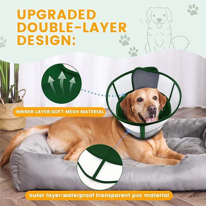 WinWeal Soft Dog Cone Collar for Dogs After Surgery, Transparent Breathable Pet Recovery Collar for Large Medium Dogs, Adjustable Dog Cone Collar, Elizabethan Collar (XL, Dark Green)