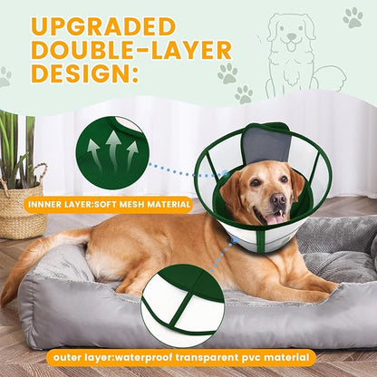 WinWeal Soft Dog Cone Collar for Dogs After Surgery, Transparent Breathable Pet Recovery Collar for Large Medium Dogs, Adjustable Dog Cone Collar, Elizabethan Collar (XXL, Dark Green)