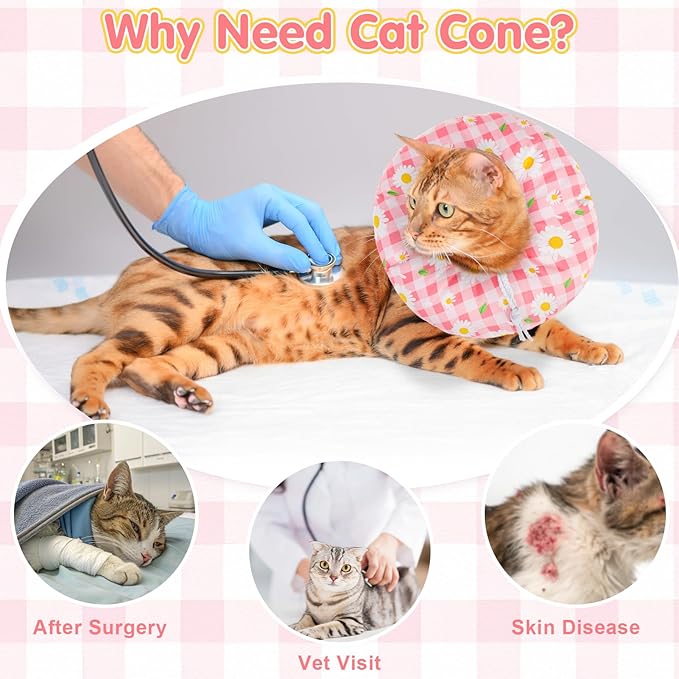 BEAUTYZOO Cat Cone Collar Soft, Cat Donut Recovery Collar after Surgery to Stop Licking, Kitten E Collars Neck Pillow Cone for Cats, Adjustable Elizabeth Pet Collars for Puppy Small Dogs, Pink Daisy S