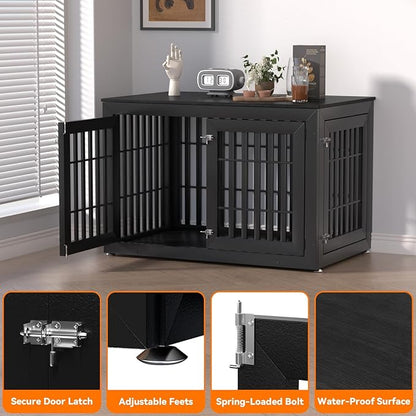 Snuowu 48" Heavy Duty Dog Crate Furniture for Small,Medium and Large Dogs,Rustic Wooden Dog Cage Kennel Indoor Furniture with Waterproof Top,Decorative Pet House Side End Table (Black)