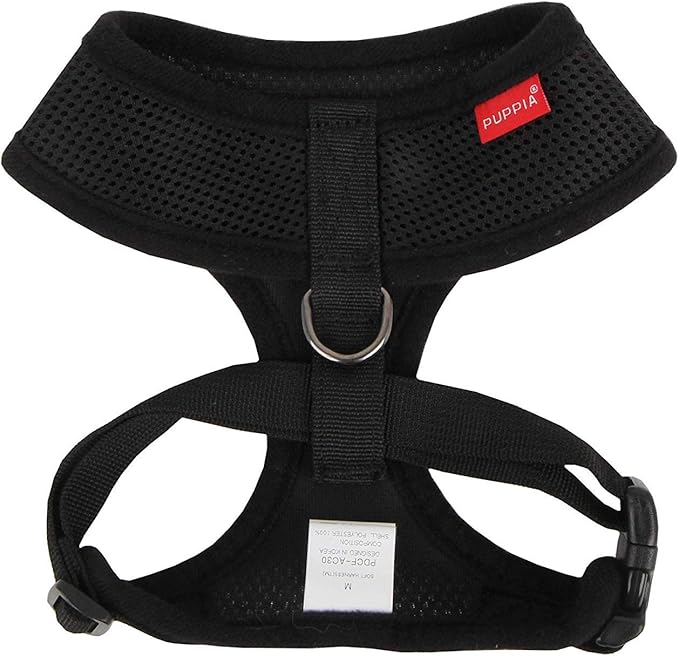 Puppia Soft Dog Harness No Choke Over-The-Head Triple Layered Breathable Mesh Adjustable Chest Belt and Quick-Release Buckle, Black, Small