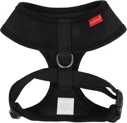 Puppia Soft Dog Harness No Choke Over-The-Head Triple Layered Breathable Mesh Adjustable Chest Belt and Quick-Release Buckle, Black, Small