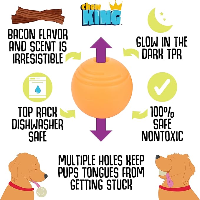 Chew King by Mammoth Bacon Flavored Dog Balls, Glow 2.5" 2-Pk