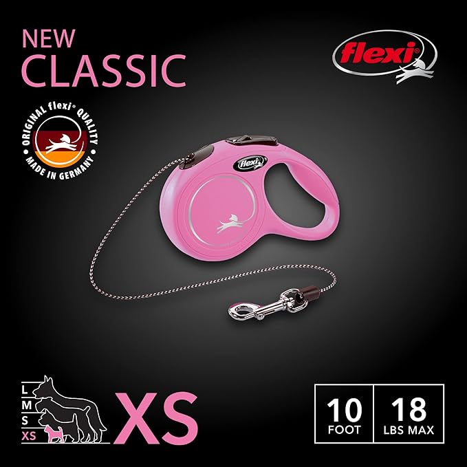 FLEXI® Classic XS Cord Retractable Dog Leash (Pink)-10 ft for Extra Small, Tiny Dogs up to 18 lbs| Ultra Compact Pocket-Size, 3-Finger Grip, German Quality| Tangle-Free, One-Hand Brake, Pause & Lock