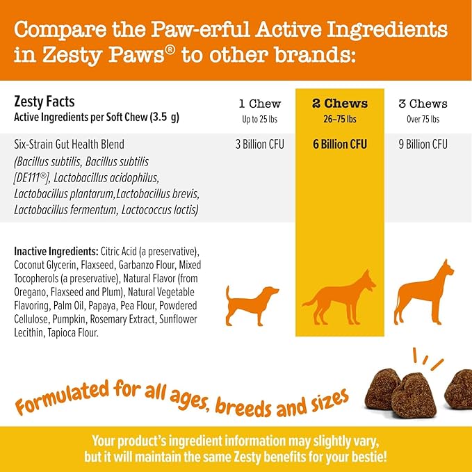 Zesty Paws Probiotics for Dogs, Digestive Enzymes Gut Flora, Digestive Health, Diarrhea & Bowel Support, DE111, Dog Probiotic Soft Chew for Pet Immune System, Pumpkin, 250 Ct