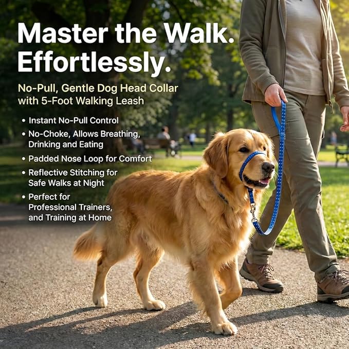 Headcollar for Dogs, Extra Soft Padded, Reflective, No Pull Dog Collar, Gentle Leader for Dogs with Durable Nylon Leash, Padded Handle - Navy Blue (Small)