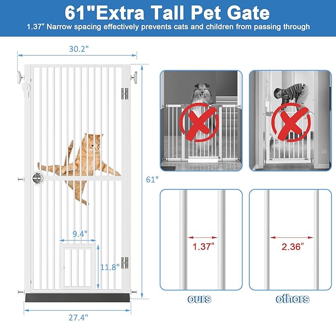 61" Extra Tall Cat Gate for Doorway, 30.2"-32.6" Adjustable Wide Dog Door with Cat Door, 1.37" Gap for Pet Gates, Suitable for Doorways or Kitchen, No Drilling Pressure Mount Kit, White