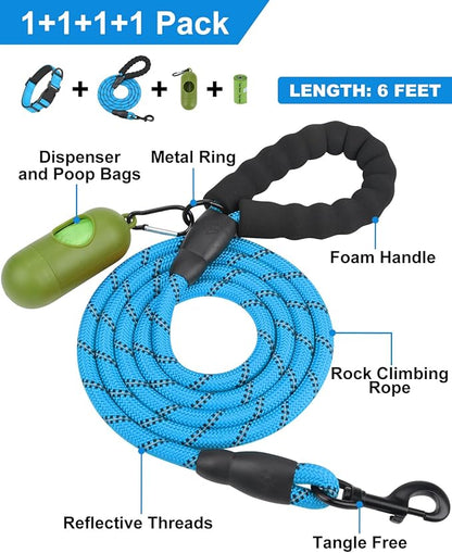 Dynmeow Reflective Dog Collar and Leash Set, 6FT Strong Climbing Rope Leash with Padded Handle, Adjustable Pet Collar with Soft Neoprene Padding for Large Dogs, Blue, L