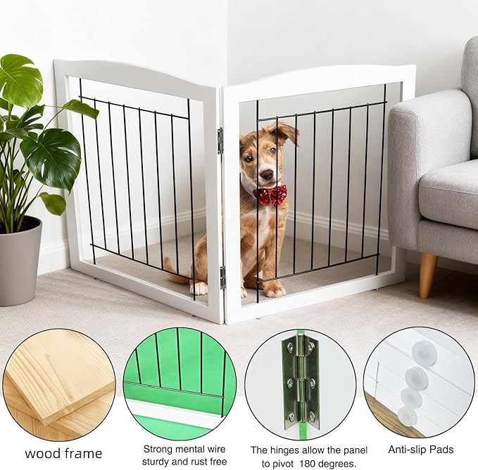 ZJSF Freestanding Foldable Dog Gate - Extra Wide Wooden White Puppy Gate - 2 Panels Pet Fence