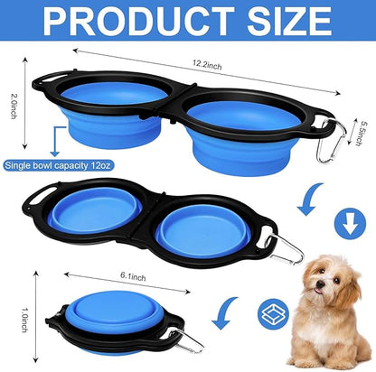 Collapsible Silicone Cat and Dog Travel Bowls,2 in 1 Foldable Pet Feeding and Watering Dish for Walking Camping Hiking with Carabiner (Blue)
