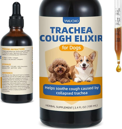 Yakucho Trachea Cough Elixir, 3.4 FL OZ Collapsed Trachea Treatment for Dogs Liquid, Herbal Cough Relief Drops with Skullcap, Helps Calm Dry Cough, Soothe Throat Irritation & Support Easier Breathing