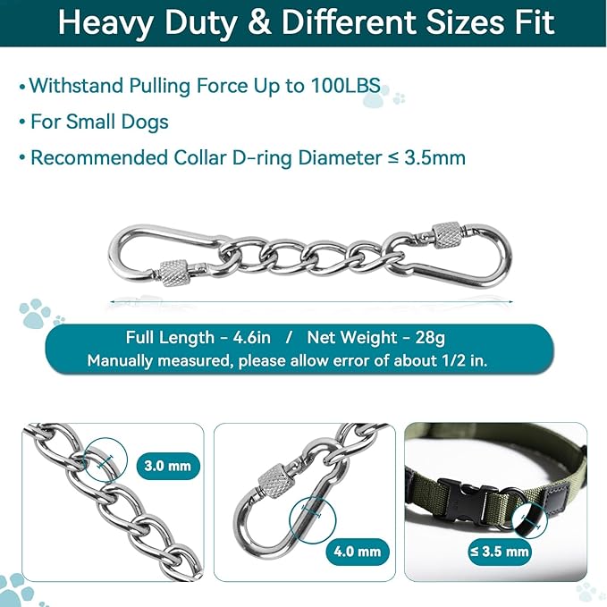 Dog Collar Safety Clip, Chew Proof Prong Collar Double Ended Backup Clasp Stainless Steel, Heavy Duty Dog Chain Leash Connector for Harness, Pinch, Gentle Lead with Carabiner, 4.6in