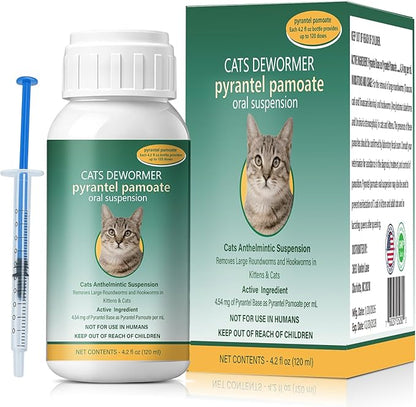 Broad Spectrum for Dewormer Cats – Pyrantel Pamoate Cat Dewormer Liquid for All Wormers for Tapeworms, Roundworms & Hookworms, 120 mL (4.2 fl oz)