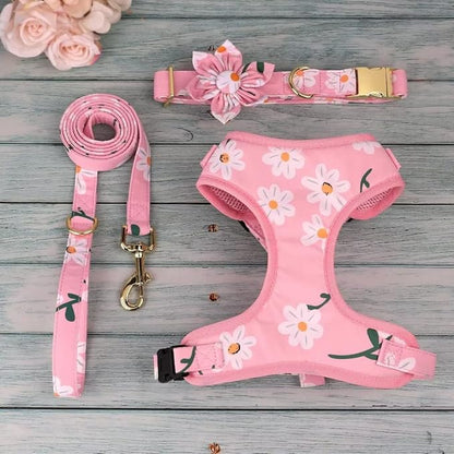 Beirui Cute Girl Dog Collars, Harnesses & Leashes Set - Adjustable Dog Collar and Leash Set with Flower - Soft Mesh Dog Vest Harness for Puppies Small Medium Dogs (Pink-1,S)