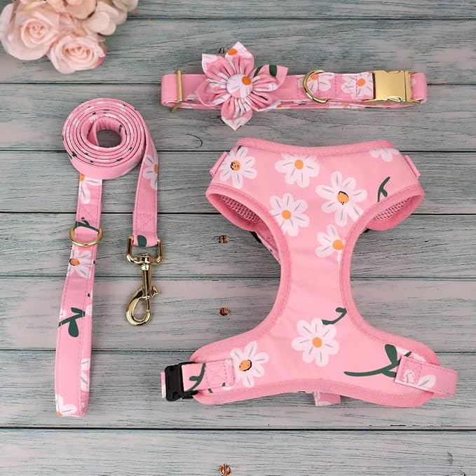 Beirui Cute Girl Dog Collars, Harnesses & Leashes Set - Adjustable Dog Collar and Leash Set with Flower - Soft Mesh Dog Vest Harness for Puppies Small Medium Dogs (Pink-1,M)