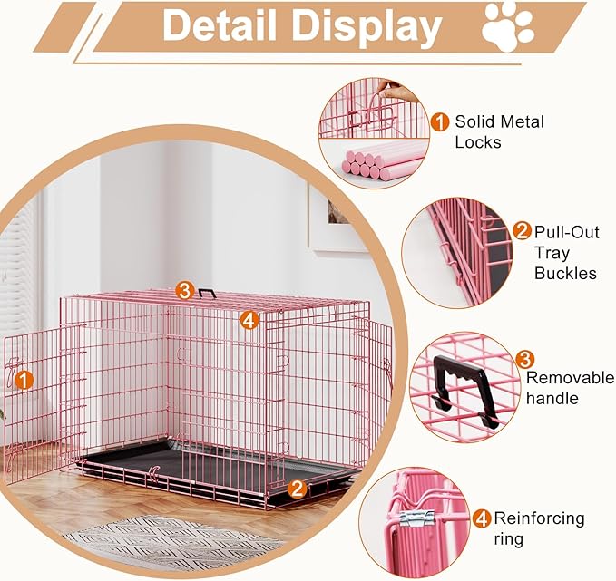 FDW XL Dog Crate 48inch Dog Cage Foldable Metal Kennel with Leakproof Tray Foldable Design Indoor Outdoor Use for Extra Large Dogs,Pink