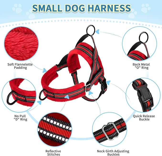 SlowTon No Pull Small Dog Harness and Leash Set, Puppy Soft Vest Harness Neck & Chest Adjustable, Reflective Lightweight Harness & Anti-Twist Pet Lead Combo for Small Medium Dogs (R-Front Clip,XS)