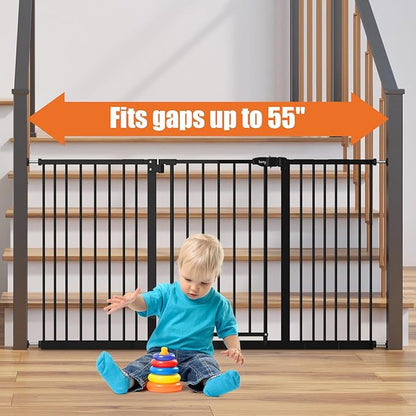 keny 29"-55" Extra Wide Baby Gate, Pressure Mounted No Drilling Dog Gate for Stairs Doorways, Easy Walk Through Safety Gate for Babies or Pets, 30" Tall, Black