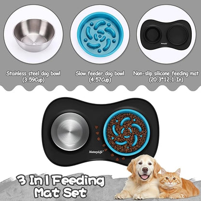 MateeyLife Dog Food and Water Bowl Set 3 in 1, Slow Feeder Dog Bowls & Stainless Steel Water Bowl with Non-Spill Silicone Mat, Cat and Puppy Bowls Pet Dishes for Small Medium Large Breed Anti-Choking