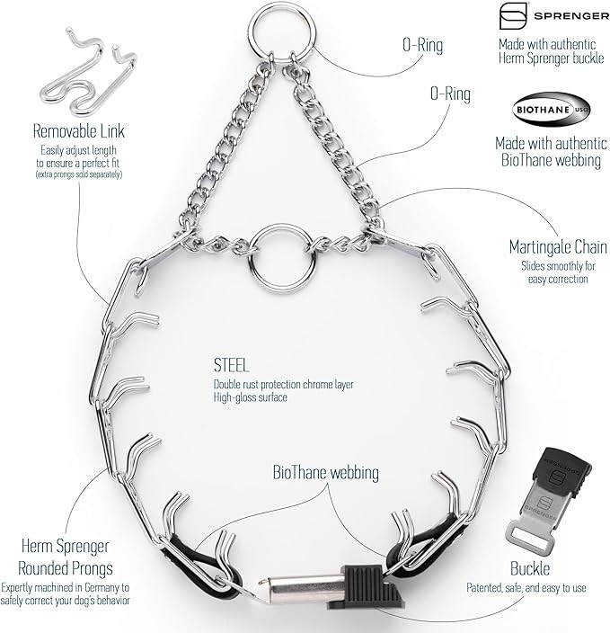 Herm Sprenger Chrome Plated Steel Dog Collar with Quick Release ClicLock Buckle O-Ring Biothane Insert Training Collar Made in Germany (Black, 16in x 2.25mm(Neck Size up to 13-14in))