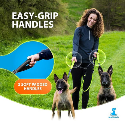 SparklyPets Double Dog Leash for 2 Dogs – Rope Bungee Dual Leash for Medium and Large Breeds with Padded Handles & Tangle Free (Green, Medium/Large)