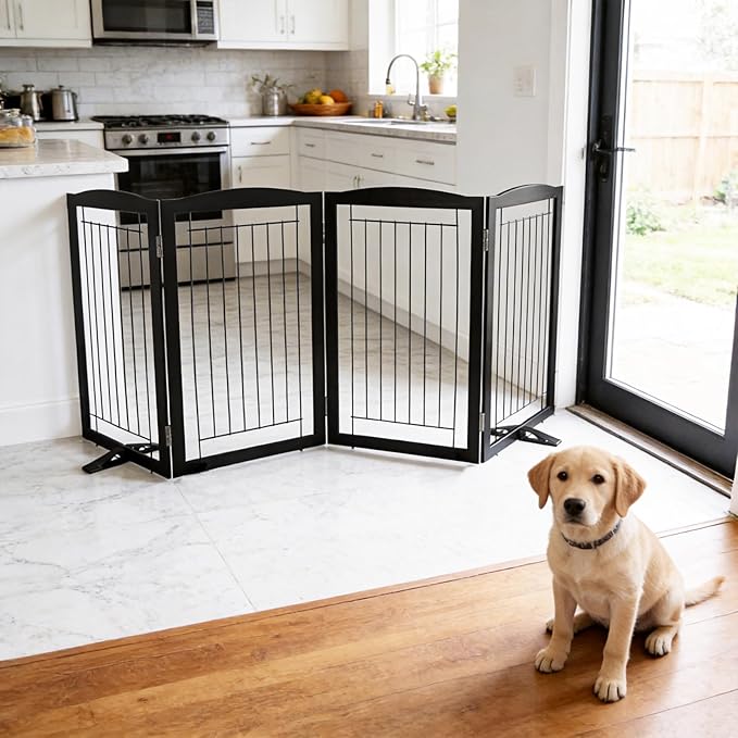ZJSF Freestanding Dog Fence Indoor, Foldable Dog Gate for Doorways, Stairs or Hallways, Sturdy Wood Extra Wide Pet Gate with Support Feet for The House, Black, 32 "Height-4 Panels
