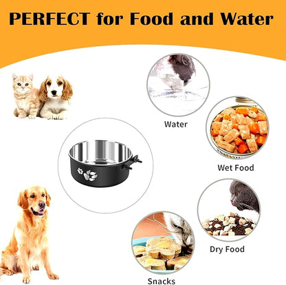 2 Pack Black Stainless Steel Pet Bowls Anti-Spill Metal Feeder Food and Water Feeding Bowl, Hanging Cage Pet Crate Bowl for Puppy Kennel Medium Large Pets (Black,M (5.5x2.2'' & 6.2x2.3''))