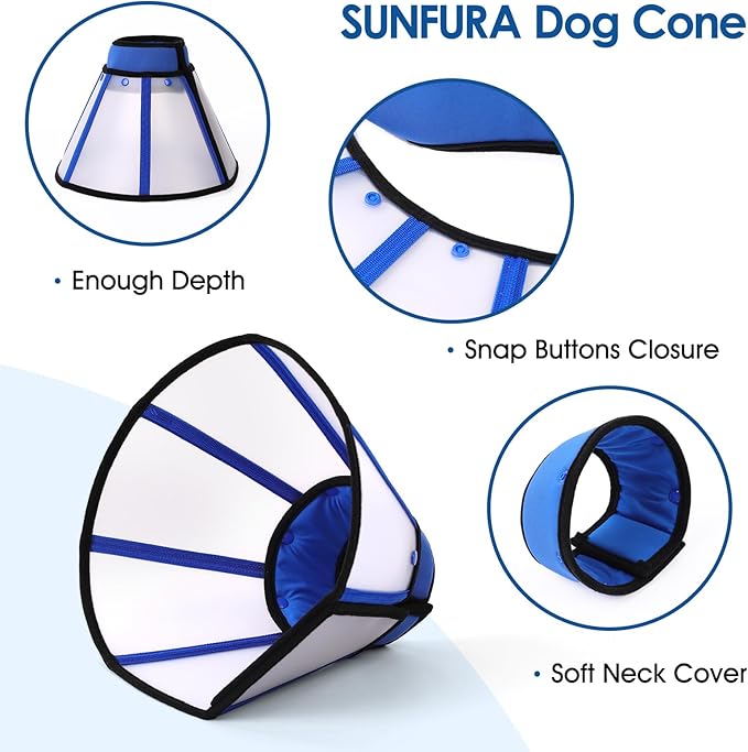SUNFURA Dog Cone, Soft Dog Cones for Large Breeds After Surgery, Comfortable Pet Recovery Collar to Stop Licking, Adjustable E-Collar Alternative for Wound Healing, Blue L