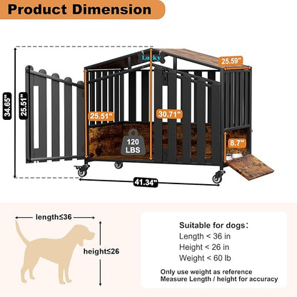 EasyCom 41“ XL Heavy Duty Dog Crate Furniture, Dogs Kennel Indoor with 360° Wheels, Dog Crates for Medium Dogs(35-60lb), Wooden Dog Cage with Feeding Window and Name Tag, Dog House, Rustic Brown