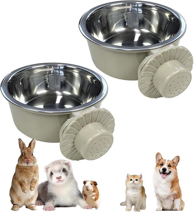 kathson Lightweight Stainless Steel Pet Bowls, Removable Crate Dog Bowl Hanging Pet Food Water Feeder Bowl, Cage Coop Cup for Puppy Cat Rabbit Ferret Birds Guinea Pigs (2pcs)