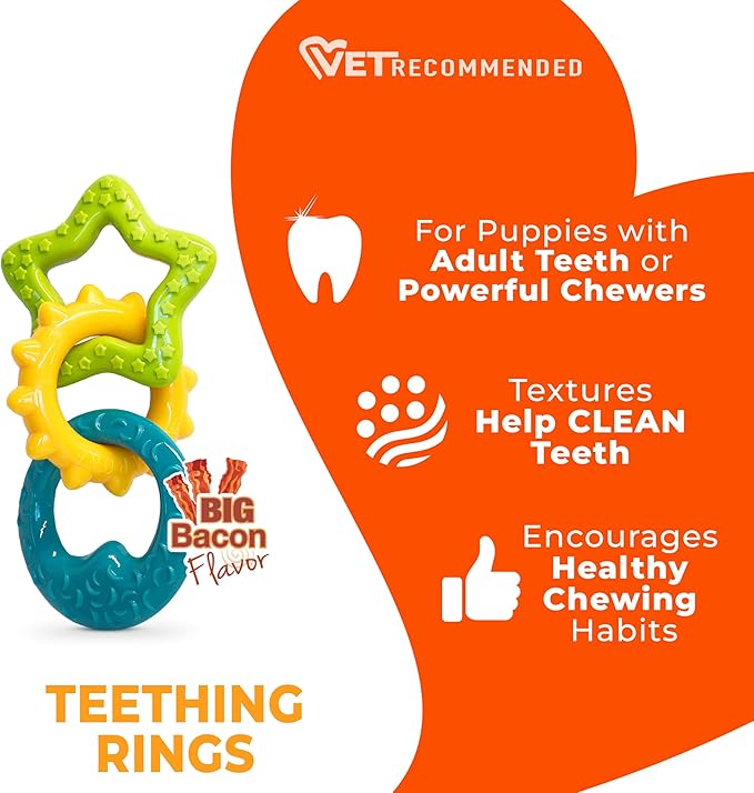 Nylabone Teething Rings Puppy Power Chew Toy for Puppies, Soothing Puppy Teething Bone, Enrichment Toy for Puppies, Bacon Flavor, Small Dogs - Up to 25 Ibs, 1 Count