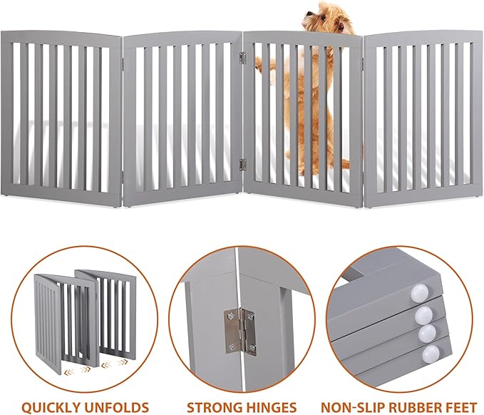 Freestanding Dog Door Indoor Folding Puppy Gate for Doorways Stairs 4-Panel Wood Pet Safe Barrier Fence for Hallways, Gray