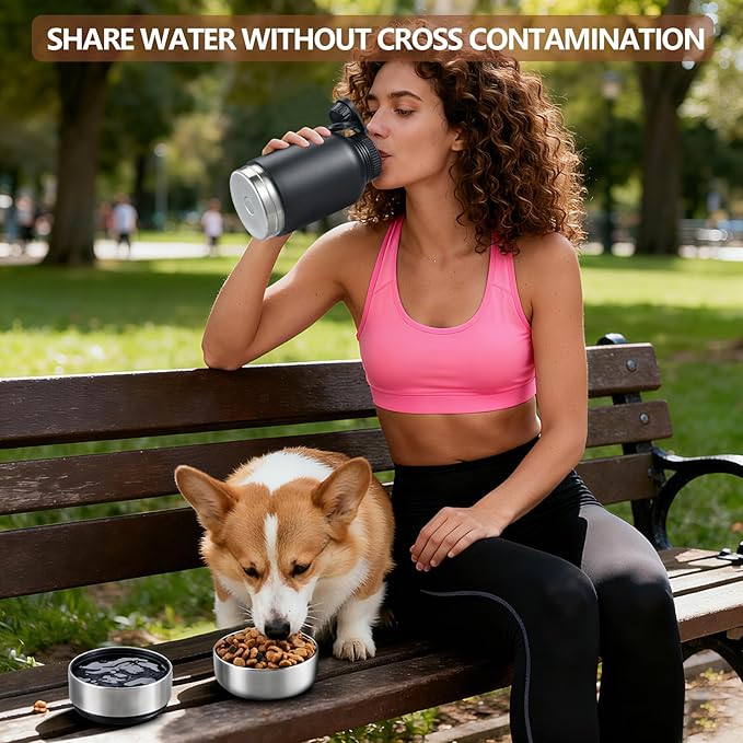 Cibaabo Insulated Dog Water Bottle with 2 Bowls, 32oz Travel Stainless Steel Double Wall Thermos, Portable Pet Dispenser, Gifts for Puppy Small Medium Dogs Walking Hiking and Camping