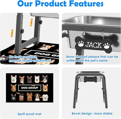 1.2 Gallon Elevated Dog Water Bowl, Height Adjustable (11–17'') Raised Stainless Steel Bowl with Spill-Proof Mat & Sturdy Metal Stand, Tip-Proof, Easy to Clean, Indoor & Outdoor Use