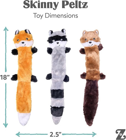 ZippyPaws Skinny Peltz - No Stuffing Dog Toy Pack to Keep Them Busy, for Medium and Large Dogs, Squeaky Pet Toys, Unstuffed Chew Toys, Soft Plush Variety Pack, Fox, Raccoon, and Squirrel - 18"