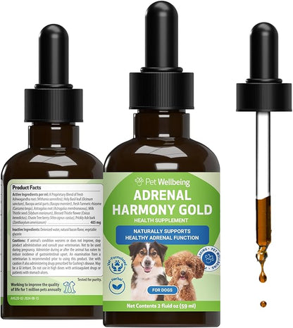 Pet Wellbeing Adrenal Harmony Gold for Dogs - Supports Adrenal Function & Normal Cortisol Levels with Ashwagandha & Bacopa - NASC Certified & Vet-Formulated - 2 oz Liquid Formula