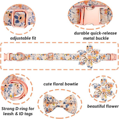 Dog Collar and Leash Set Girls Adjustable Puppy Collars with Floral Bow Tie for Small Medium Large Female Dogs, Orange Flower, XS