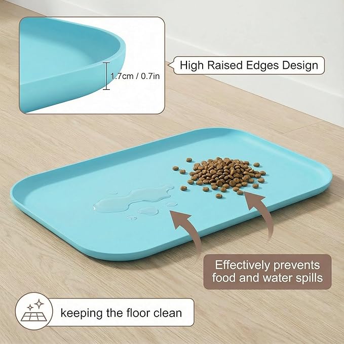 BLESWIN Non-Slip Silicone Dog Food Mat for Food and Water, 18" x 12" Raised Edge Pet Feeding Mat - Waterproof Dog Bowl Mat Easy Clean for Floor Protector,Blue