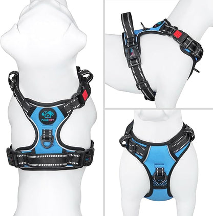 PHOEPET Reflective Dog Harness Large Breed Adjustable No Pull Vest with Handle 2 Metal Rings 3 Buckles [Easy to Put on & Take Off](L, Blue)