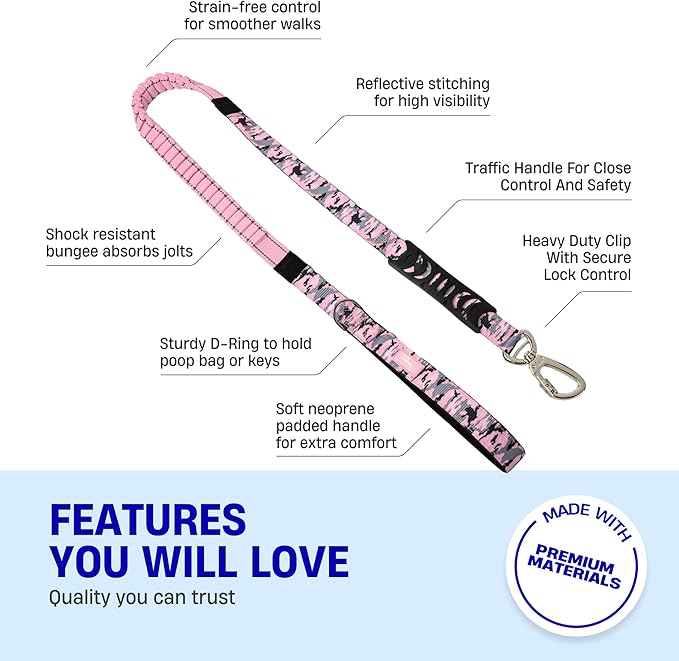 Dog Friendly Co. Bungee Dog Leash | Strain Free & Shock Resistant for Control | Neoprene Padded Handle, Heavy-Duty Carabiner Clip, and D-Ring | Pink Camo, Size Regular